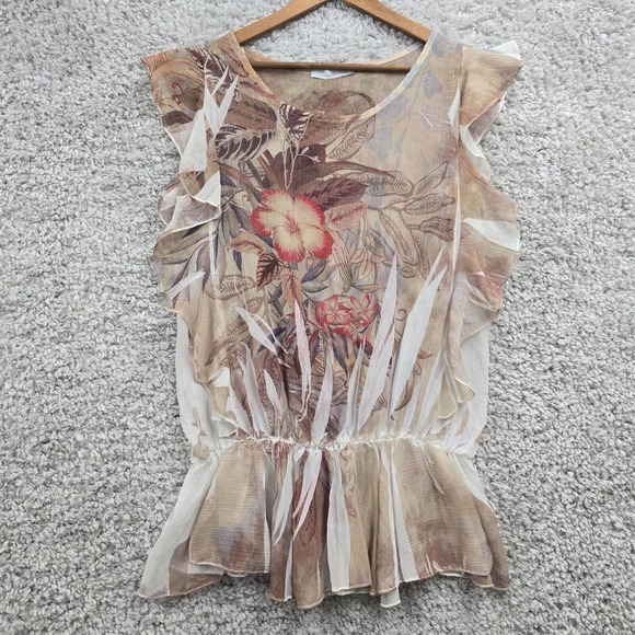 Charlotte Russe Floral Ruffle Top Womens Large Earthy Boho Mesh Peplum Blouse - Picture 1 of 11